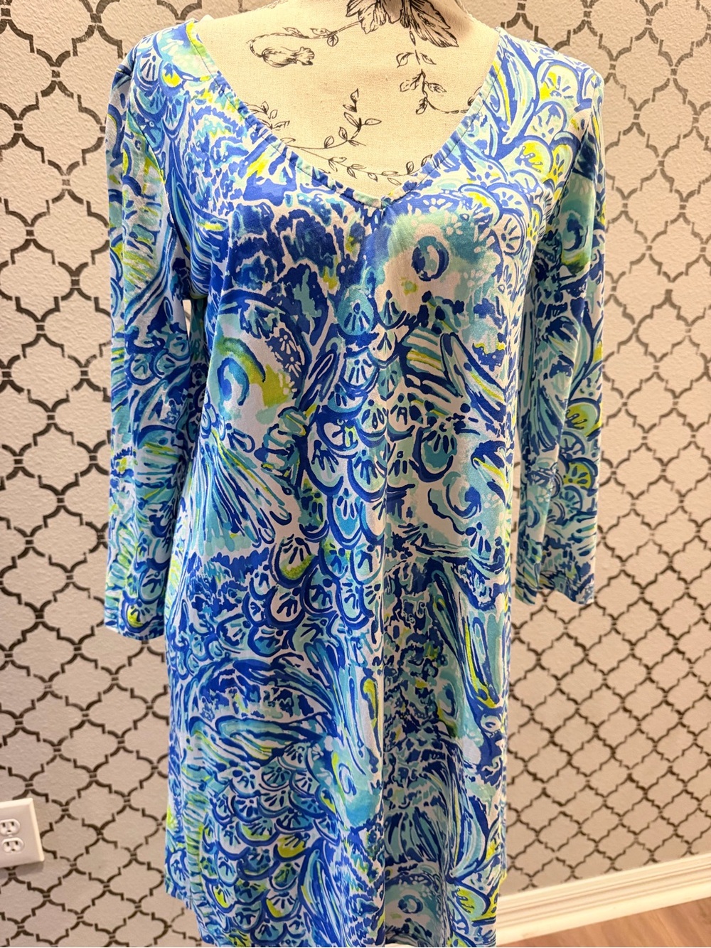 Lilly Pulitzer Pima Cotton Shift Dress Blue Aqua Print Size Small